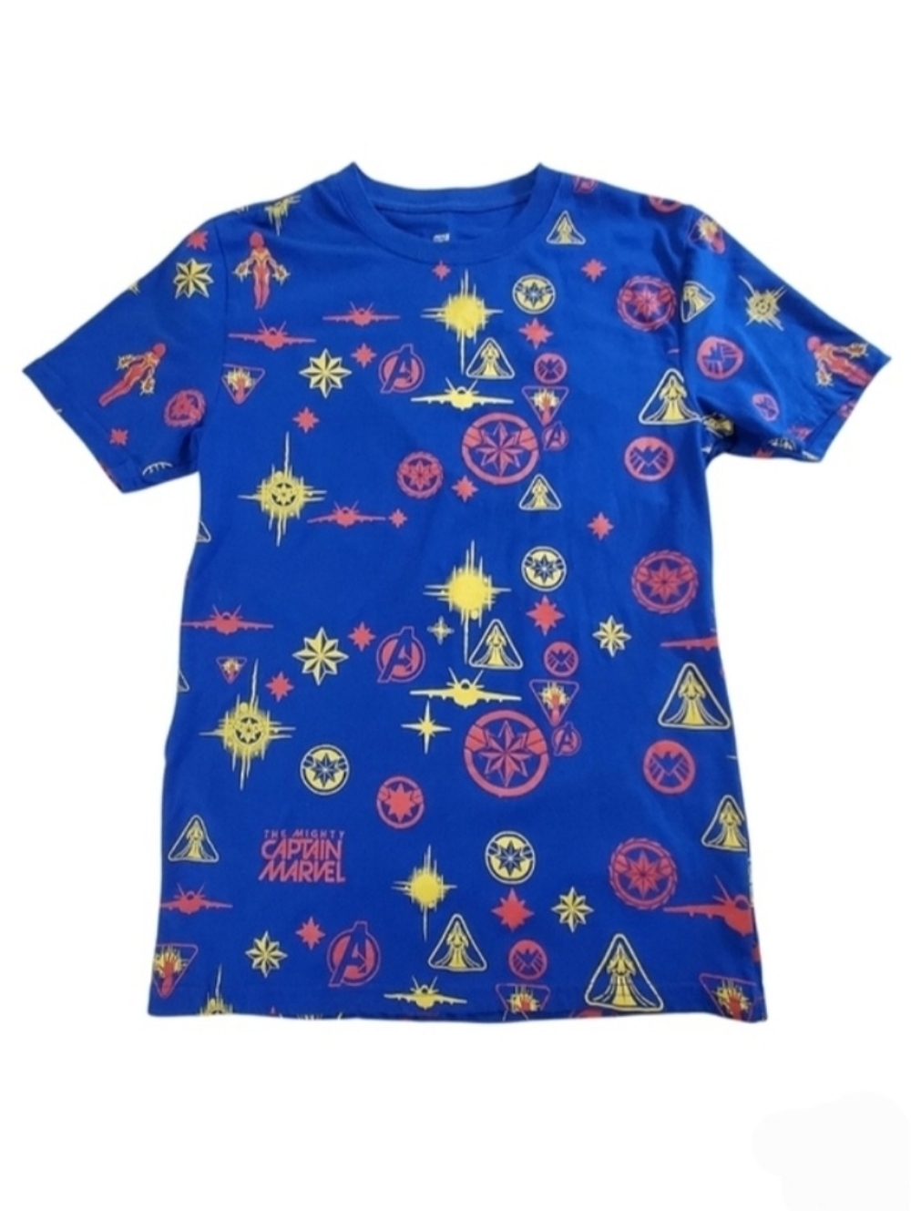 2353 * Marvel Captain Marvel Allover Print Graphic Tee Blue Red Yellow Size S